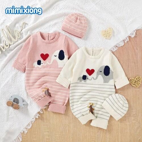 Autumn Baby Rompers Caps Sets Elephant Knitted Newborn Bebes Unisex 2pcs Jumpsuit Outfit Winter Long Sleeve Toddler Kids Clothes