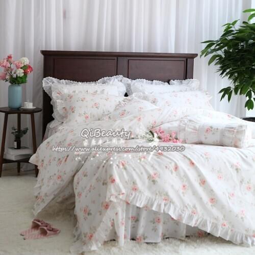 QiBeauty European pastoral pink rose lotus leaf four-piece cotton quilt cover bedding set Ruffle duvet sheet bedspread
