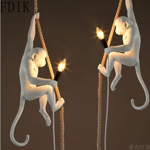 Creative Resin Monkey Pendant Lights Nordic Retro Animal Lamp for Coffee Restaurant Hotel Vintage Led Hemp Rope Hanging Light