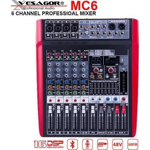 Karaoke Mixer Audio Digital USB Mixer MC6 6CH Reverb Effect Display Bluetooth PC Interface Phantom Power Stereo DJ Mixer Audio