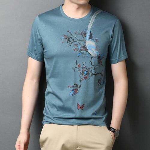 Mens Fashion Birds Printing Tee Shirts Summer Mercerized Cotton Shirts Male Short Sleeve Floral Printed t Shirt