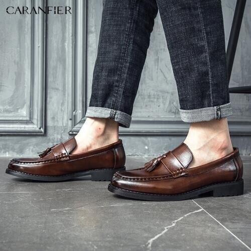 CARANFIER Men Dress Shoes Leather Handmade Brogue Style Paty Leather Wedding Shoes Men Flats Leather Oxfords Tassel Formal Shoes