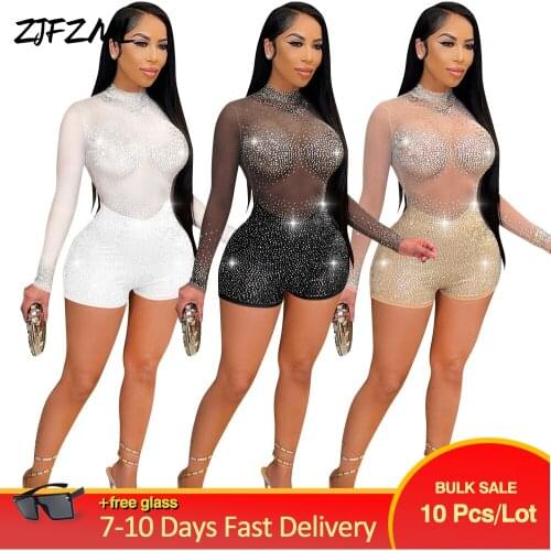 Bulk Items Wholesale Lots Sexy Bodycon Biker Playsuit Mesh Sheer Rhinestone Perspective Romper Office Lady Long Sleeve Outfits