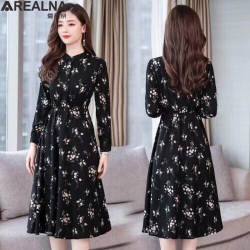 Autumn Black Vintage Floral Chiffon Midi Dress Plus Size Boho ladies Dresses Long Sleeve Elegant Party Dress Women Vestidos