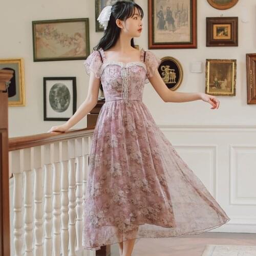 Fairy Dress Women Purple Bright Sweet Literary Retro Floral Vestido Summer 2021 French Retro Girl Chiffon Elegant Dresses Female