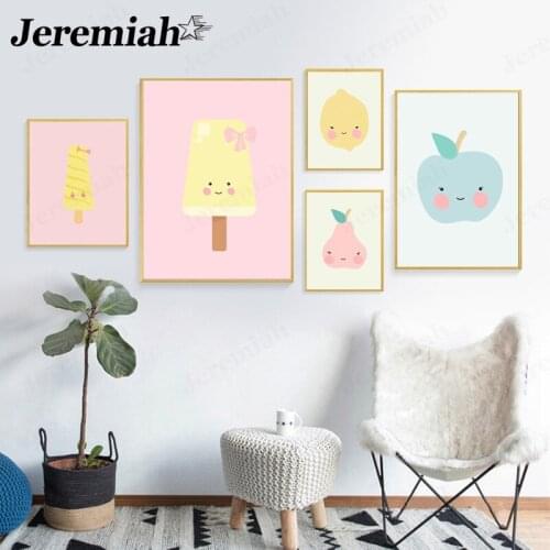 Cartoon Fruit Canvas Poster Cute Apple Pear Mango Ice Cream Poster Nursery Wall Art Modern Childrens Room Home Decoration
