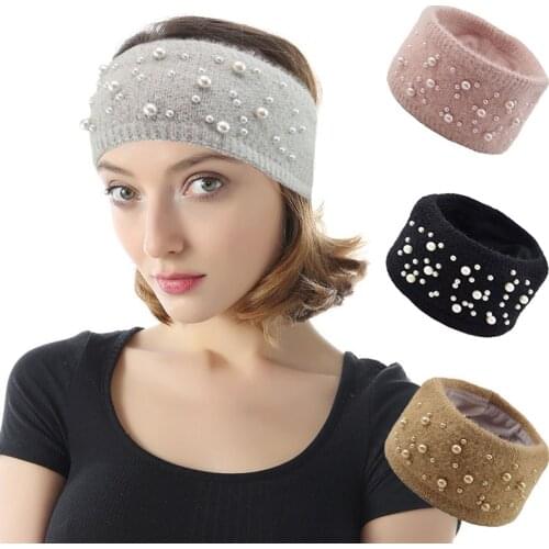 Winter Warm Crochet Head Band Turban Women Wide Pearl HeadBand Solid Color Knitted Ladies Hairband Hair Accessories