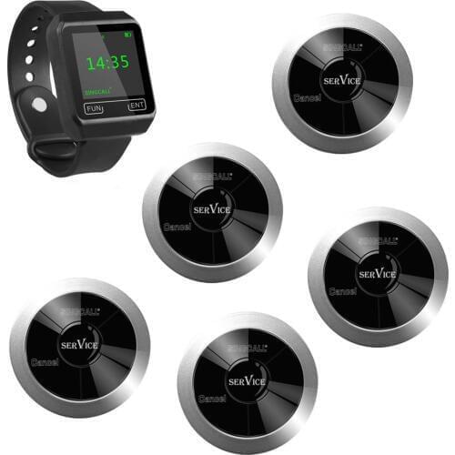 SINGCALL Service Calling System, Call Waiter Service 5 Multi-Buttons Waterproof Pagers, 1 APE6800 Watch Receiver for Waiters