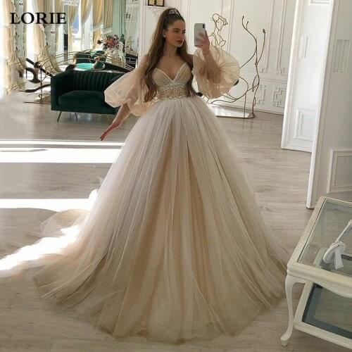 LORIE Wedding Dress Long Puff Sleeve Appliqued Lace Bride Dresses Floor Length A Line Sexy V Neck Modest Wedding Party Gowns