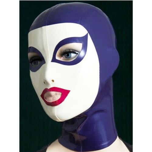Women Latex Hood Sexy Rubber Mask Black with Purple Trim Cosplay Party Wear with Back Zipper Halloween Costume Drop Shipping