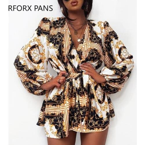 Women Casual V neck Graphic waistband Sexy Long Puff Sleeve Romper
