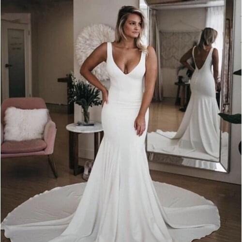 Mermaid Chiffon Strap Wedding Dress 2021 Sexy V-Neck Simple Robe De Mariee Court Train Backless Court Train Vestido De Novia New