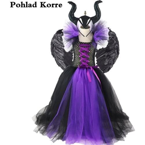 3 PCS Set Bandage Horns Wings Black Evil Queen Girls Tutu Dress Halloween Costume Kids Christmas Birthday Party Dresses XX041