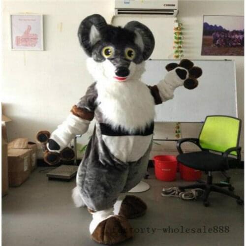 Long Fur Grey Husky Dog Fox Mascot Costume Cosplay Party Dress Xmas Furry Suit Party Cartoon Outfit Carnival Halloween Ad Clothe