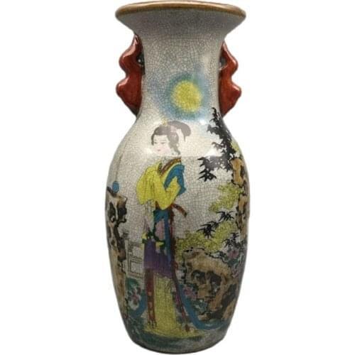 Chinese Old Porcelain Crack Glazed Mink Cicada Worship Moon Painting Double Ear Vase