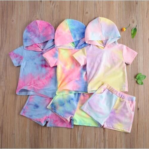 Summer Kids Children Tie Dye Clothes Suit Short Sleeve Hooded Pullover Top with Elastic Short Pants Fashionable Casual Baby Suit