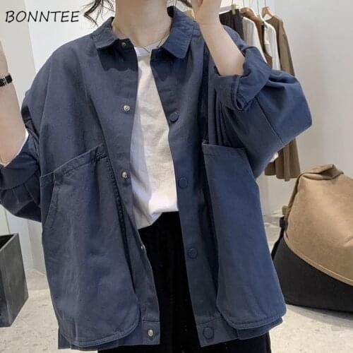 Basic Jackets Women Solid Single Breasted Loose Trendy Leisure All-match Cozy Spring Autumn Ladies Clothing Tooling Style Daily
