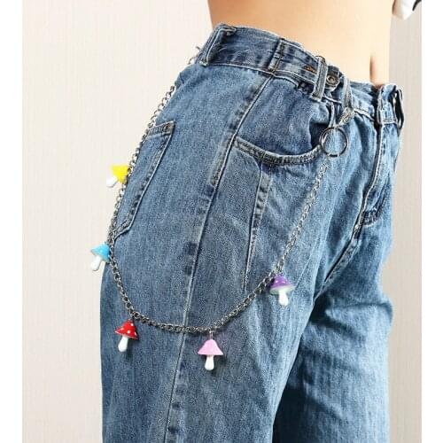 Fashion Cute Colorful Mushroom Pendant Keychain Punk Silver Color Trousers Pants Chain Clothing Jewelry Women Trendy Pants Chain