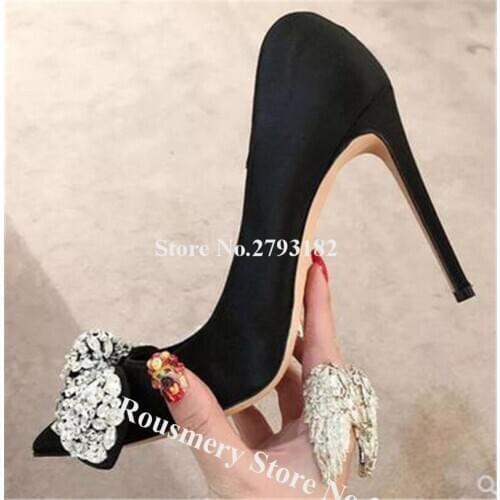 Women Charming Bling Bling Pointed Toe Rhinestone Bowtoie Stiletto Heel Pumps Black Red Suede Crystal 8cm 10cm High Heels