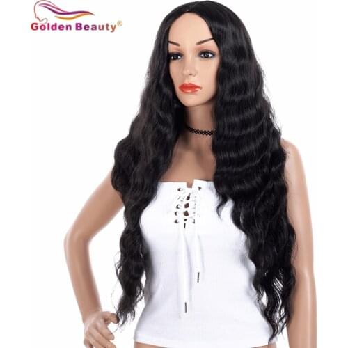 GoldenBeauty Long Loose Deep Natural Wave Synthetic Hair Wig Middle Part High Temperature Fiber Black Bug 26Inch For Women