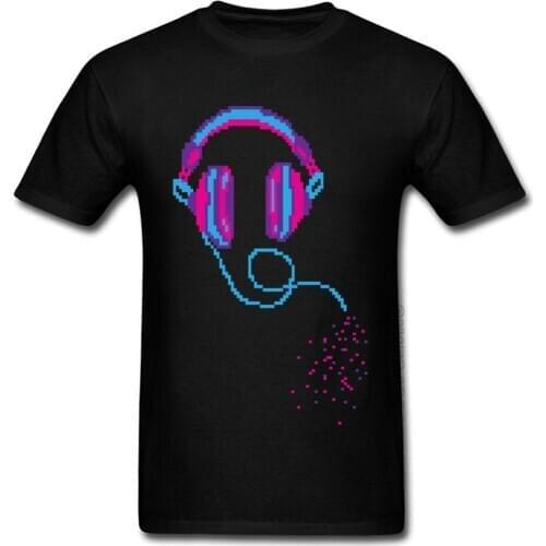 Pixel Music Headphones Black T-Shirts 100% Cotton Men Short Sleeve Tees Summer Autumn Top T-shirts Customized T-Shirt Retro