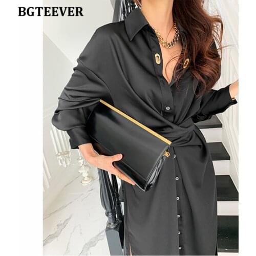 BGTEEVER Elegant Single-breasted Women Solid Dress 2021 Autumn Lapel Full Sleeve Cross Waist Ladies Split Vestidos Female Dress