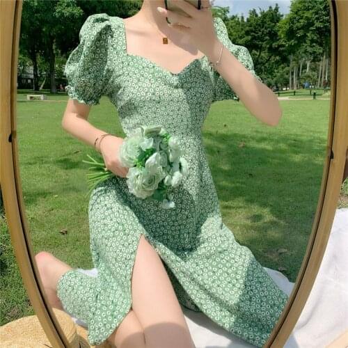 SLPBELY Summer Floral Bohemia Dress Women ChiffonFrench Style Split Fairy Dress Female Sexy Elegant Beach Boho Korean Dress New