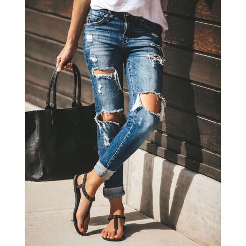 Mid Waist Destroyed Ripped Jeans Ladies Skinny Faded Ripped Casual Slim Denim Pants Female Holes Pencil Trousers