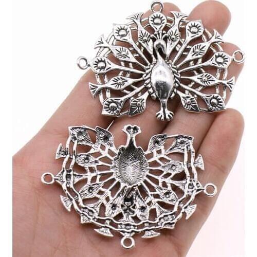 WYSIWYG 2pcs/lot 49x66mm Peacock Charms Pendant For Jewelry Making Antique Silver Color Alloy Charms