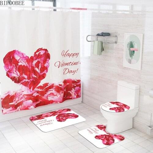 Love Petal Frabic Shower Curtain Happy Valentines Day Bathroom Curtains Pedestal Non-Slip Rugs Toilet Lid Cover Bath Mats