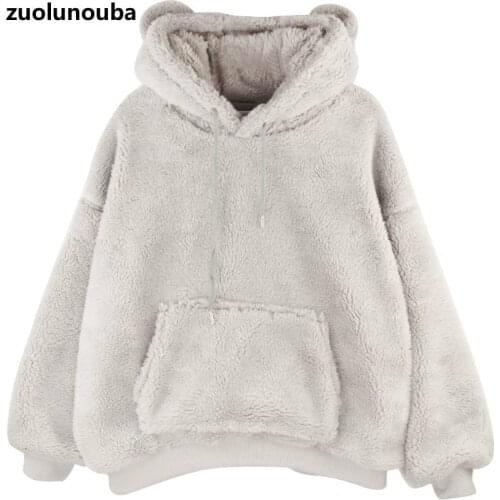 2020 Winter Plus Velvet Korean Version Of Bear Ears Cute Loose Ladies Hoodie Imitation Lamb Plush Sweet Cartoon Women Sweatshirt
