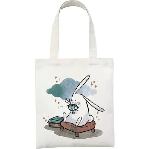 2021 Rabbit And Flowers Printed Tote Bag Women Harajuku Shopper Handbag Girl Shoulder Shoppingbag Lady Canvas Bags