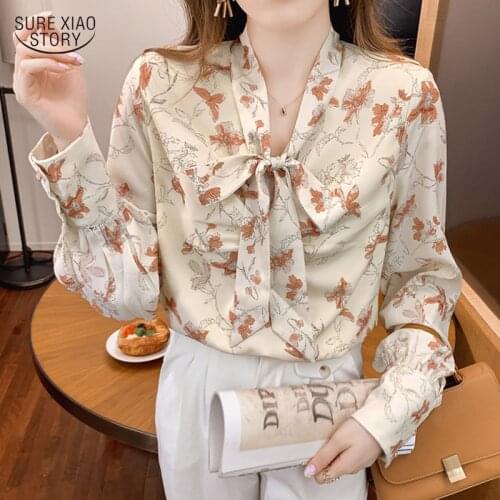 2021 Long-sleeve Elegant Button Loose Shirt Women Autumn Floral Lace-up Bow-knot Women Blouse Retro Printed Chiffon Blouse 16240