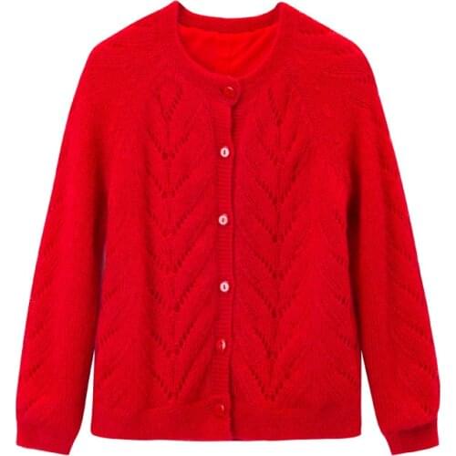 Ladies Red Mohair Hollow Out Knitted Cardigan Top - Women Newest Sweater Jumper In Elfbop