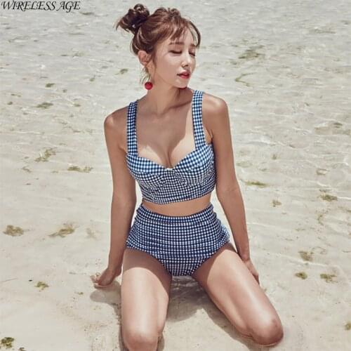 WIRELESS AGE Swimsuit Womens Retro Plaid Steel Support Bikini High Waist Slim Sexy Split Swimwear 2021 New Fashion Aesthetic