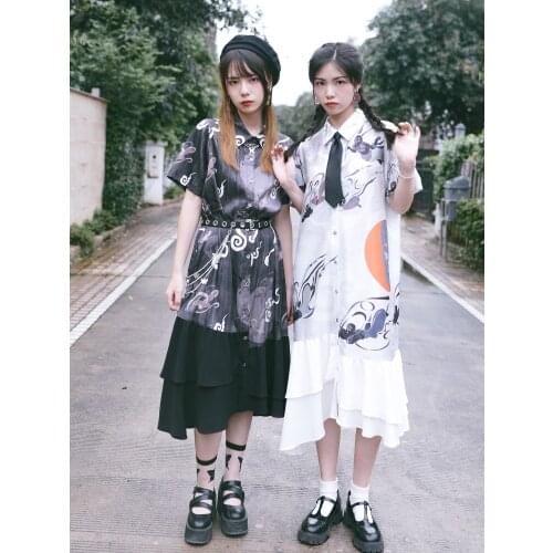 New Summer Japanese Harajuku Black Print Hot Girl Fashion Temperament Kawaii Sexy Shirt Dress