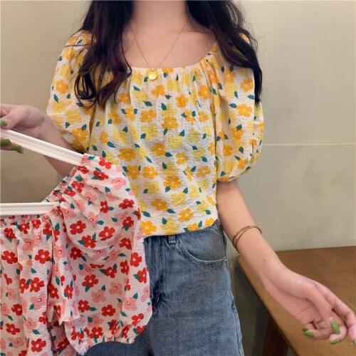 Sweet Floral Printed Tops Women Cute Blouses Shirts Short Sleeve Crop Tops Girls 2021 Summer New Off Shoulders Clothing Yellow