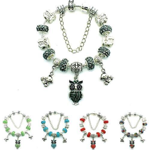 JINGLANG Brand Fashion Silver Plated Infinity Bracelets European Rhinestone Beads Owl Charm Bracelets & Bangle For Women Jewelry