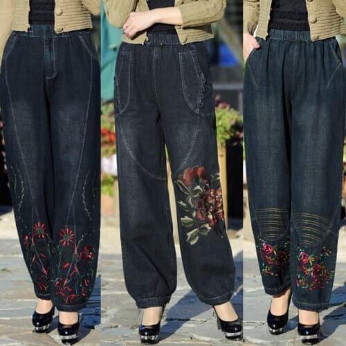 Pants womens pants embroidery elastic waist denim wide leg pants womens jeans national wind casual denim pants trousers