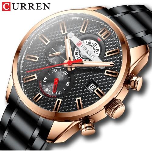 CURREN Casual Chronograph Black Watches Men Quartz Wristwatch Stainless Steel Band Clock Luminous Hands