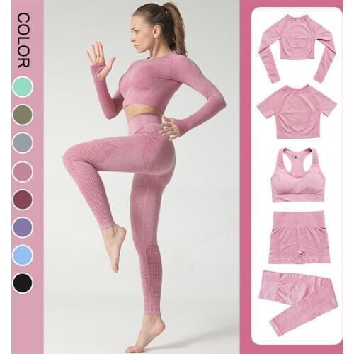 2/3/5PCS Seamless Yoga Set Women Gym Clothing Workout Sportswear Fitness Crop Top Sports Bra High Waist Leggings Sports Suits