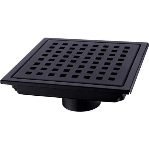 Square Shower Floor Drain with Removable Cover Grid Grate 6 inch Long, SUS 304 Stainless Steel Black Plated Finish