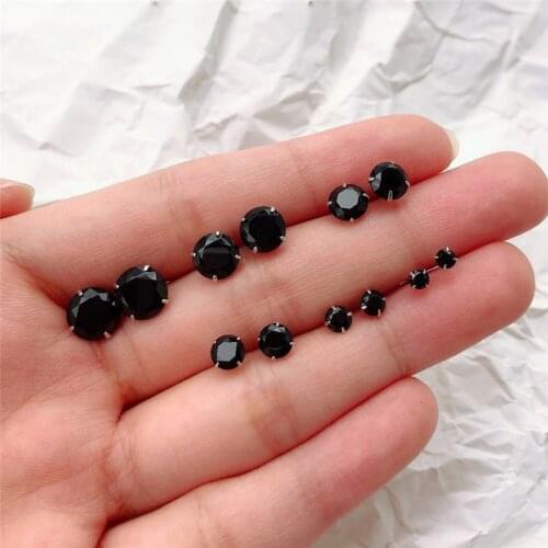 Cute 3/4/5/6/7/8mm Round Stud Earrings Small Black Sapphire Earring 100% Real 925 Sterling Silver Earrings For Men Women Jewelry