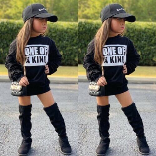 Fashion Winter Black Letter Dress Toddler Kids Baby Girl Winter Clothes Cotton Tops Dress for 1-6 Year