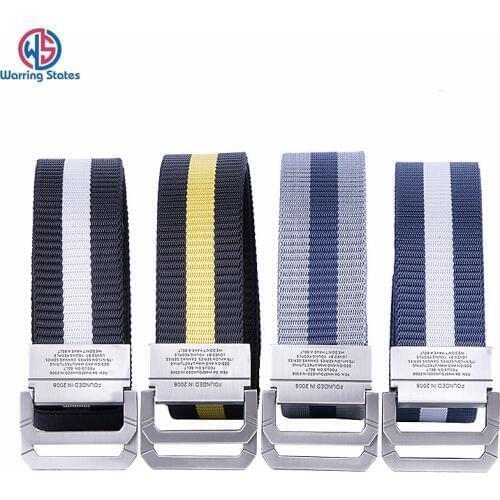 Warring States New Fashion Striped Canvas Mens Belt Alloy Double Ring Buckle Nylon Belt Quick Dry Breathable 3.8cm Width