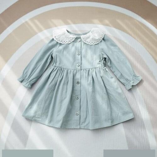 Autumn ins hot design baby girls clothes high quality cotton Blue long sleeve cotton dress kids dress