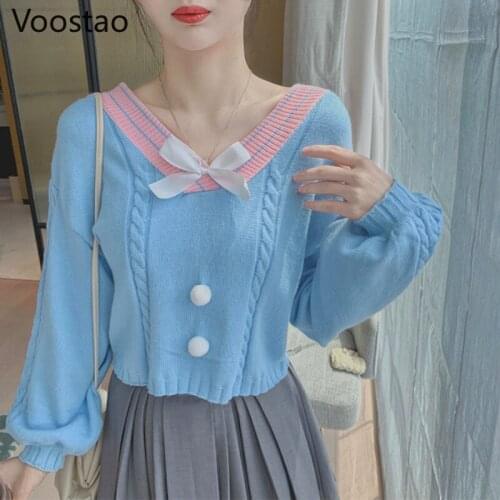 Autumn Winter Sweet Women V-neck Knitted Pullovers Vintage Loose Cute Bow Japanese Soft Girl Preppy Style Sweaters Outwear Tops