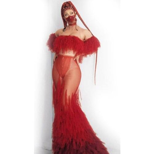 Mermaid maxi Dress elegant Red Tassel backless Mesh See through Party Dresses Women Wedding Celebration Evening Prom Stage Wear