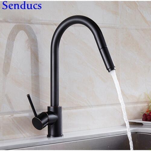 Senducs Black Pull Out Kitchen Faucet Quality Brass Kitchen Sink Faucet Luxury Copper Black Pull Down Kitchen Mixer Tap