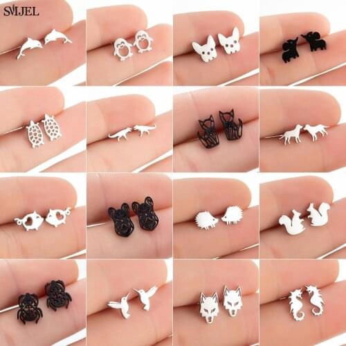 Stainless Steel Animal Stud Earrings for Women Girls Cute Pig Squirrel Wolf Penguin Hedgehog Earings Jewelry Dog Ear Studs Gifts